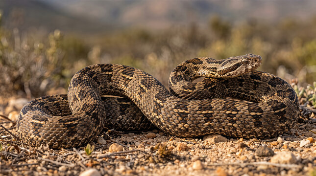 Asp viper (Vipera aspis) coiled in a defensive posture on the ground