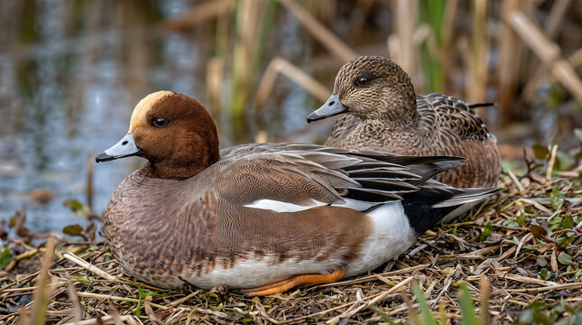 Eurasian Wigeon (Mareca penelope) ducks resting on grassy riverbank wildlife nature