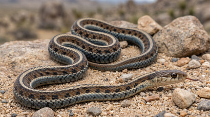 Obraz premium Garter snake (Thamnophis sirtalis) coiled on desert sand with rocks and tongue flicking out
