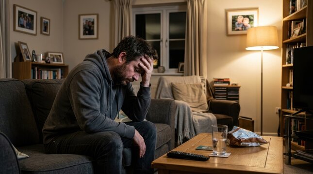 Disappointed sports fan reacting to a loss while watching TV at home. Sad and frustrated man sitting alone on the couch in a dark living room. Defeat and failure concept