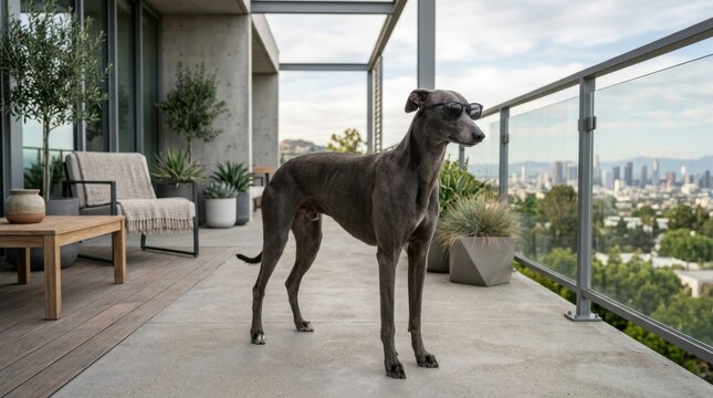 Stylish grey dog wearing sunglasses on modern balcony. Italian greyhound standing on high rise terrace with city view. Cool pet concept