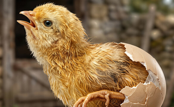 Newly hatched yellow chick (Gallus gallus domesticus) emerging from broken eggshell