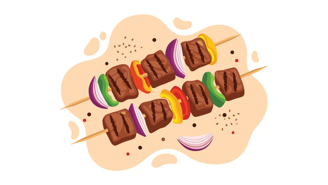 Delicious grilled meat shish kebabs on wooden skewers with colorful bell peppers and onions, top view.