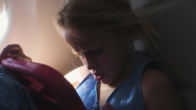 Child holds a tablet and touches its screen beside an airplane window during flight