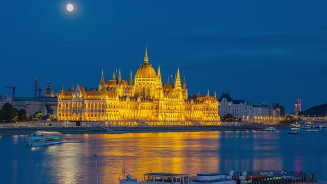 Moonrise over the parliament building in Budapest, Hungary. 