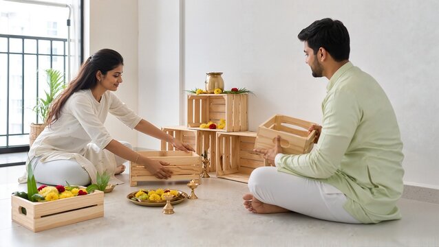 Couple assembling modular home altar for Navaratri celebration with decorative wooden crates and flowers, creating a spiritual space at home.