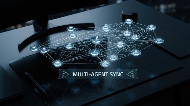 Abstract visualization of a multi-agent system demonstrating synchronized data exchange across a complex network of interconnected digital nodes