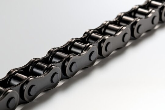 Durable black metal roller chain with interconnected links isolated on white background for mechanical transmission and industrial machinery use