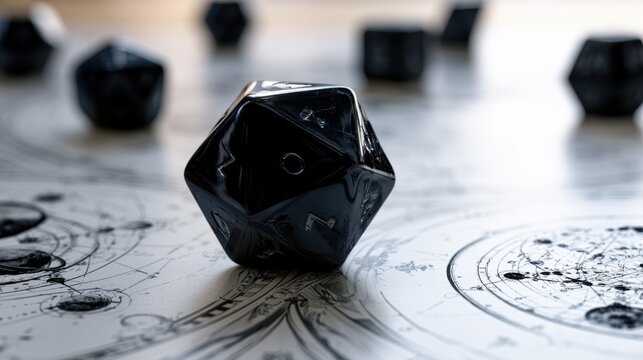 Black polyhedral gaming dice set on a detailed fantasy map with celestial and alchemical symbols, creating an immersive tabletop role-playing game atmosphere