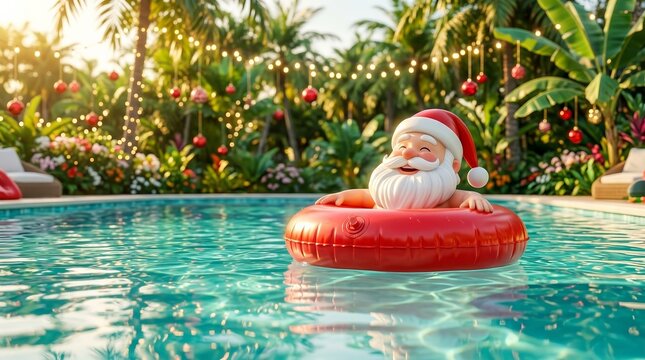 Santa Claus relaxing on a red inflatable float in a swimming pool with Christmas ornaments.