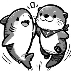 Fototapeta premium Cute and otter characters give high five. Animal friends celebrate success, teamwork, and partnership in cartoon style with line art elements.