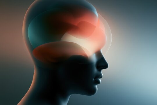 Human head silhouette with illuminated abstract brain shapes representing neural activity and cognitive processes in a soft gradient background