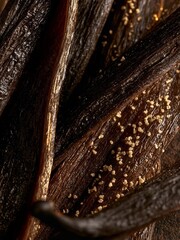 Fototapeta premium Close-up of a group of vanilla pods. the pods are dark brown in color and have a rough texture. they are arranged in a scattered manner, with some overlapping each other.