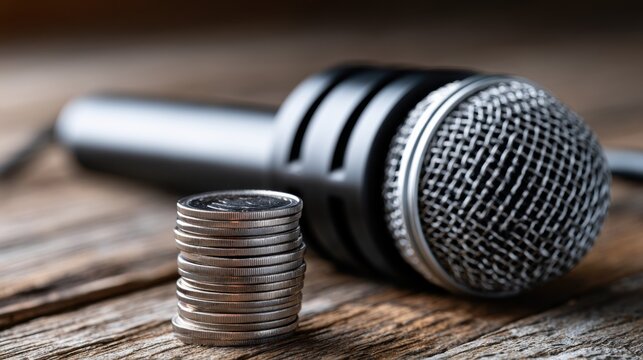 Stack of coins placed on wooden surface next to a microphone symbolizing financial success and earnings from public speaking or music performances