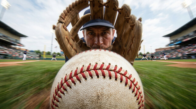 Dynamic close up of a baseball being caught during an exciting sporting event showcasing the action and energy of the game