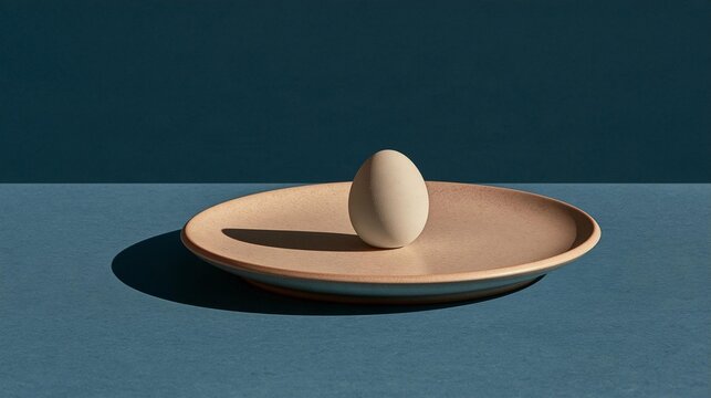 Single egg on a round plate. the plate is light brown in color and has a smooth surface. the egg is placed in the center of the plate and is facing towards the right side of the image.