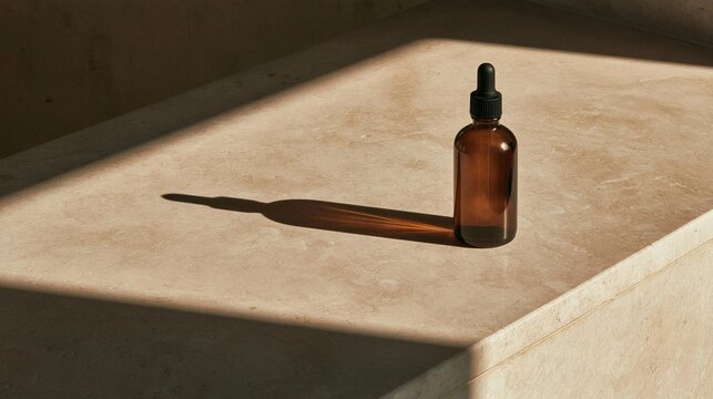 Small brown glass bottle with a black dropper on top. the bottle is placed on a beige-colored surface, which appears to be a concrete countertop.