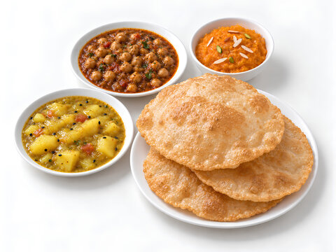 Traditional Pakistani Halwa Puri Breakfast with Chana and Aloo