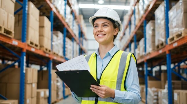 Smiling female warehouse worker checking inventory with a clipboard.