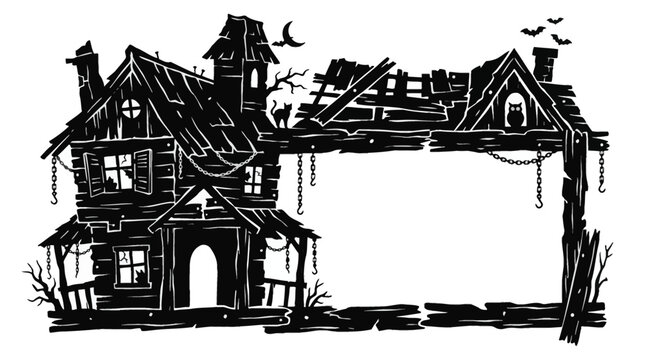 Halloween haunted house frame vector. Spooky abandoned mansion sign. Scary vintage border design. Text background for holiday. isolated on White Background Halloween