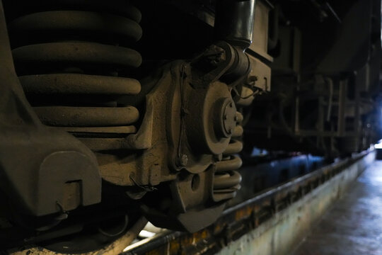 Detailed train undercarriage and wheels.