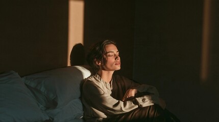 Fototapeta premium Young woman sitting on a bed with her head resting on a pillow. she is wearing a white blouse and has her eyes closed, as if she is deep in thought.