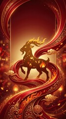 Obraz premium Vertical illustration of a fire goat silhouette with swirling red and gold ribbons. Lunar New Year festive background
