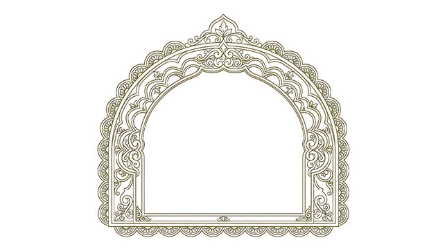An ornate vintage golden arch frame with intricate floral carvings isolated on transparent background