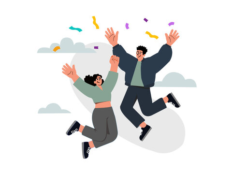  Dynamic Celebration of Joy and Success: A Jubilant Couple Leaping with Confetti and Clouds, Representing a Milestone or Achievement in a Flat Illustration Style Perfect