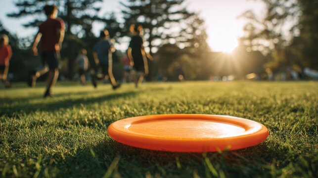 Orange plastic flying disc on green grass field with group of people playing and golden sunlight shining through trees at sunset in park