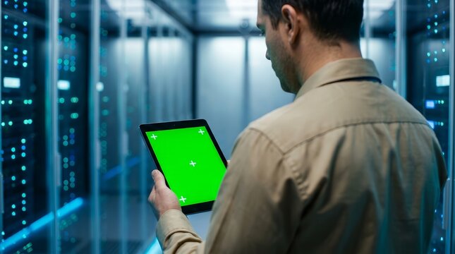 A data center technician uses a green screen tablet to inspect hardware and maintain system stability.