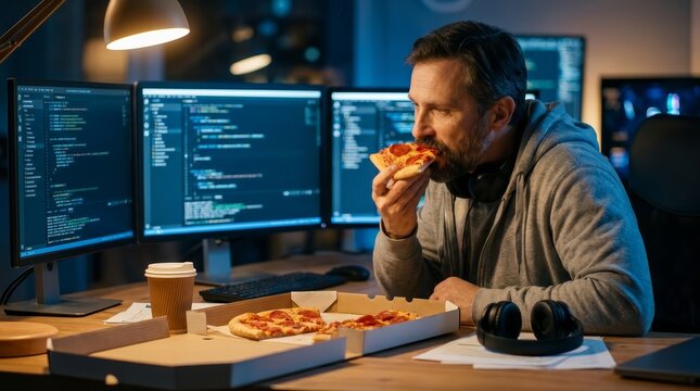A hungry bearded programmer eats pizza during a long night coding shift in a tech office.