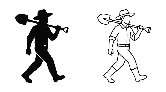 Farmer carrying a shovel black silhouette and line art versions