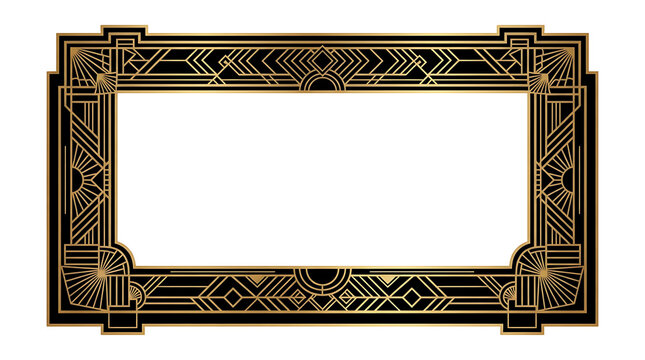 Elegant golden art deco rectangular frame with geometric patterns and vintage style isolated on transparent background