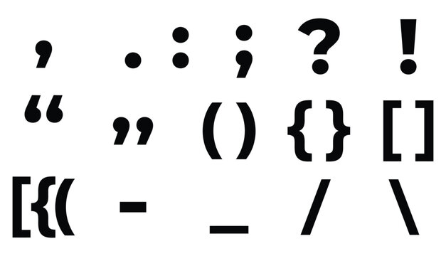 A collection of black punctuation marks and grammar symbols created by a professional vector illustrator for graphic design