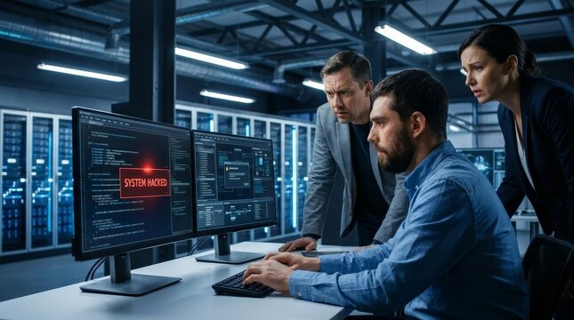 Anxious IT professionals in a data center reacting to a ransomware alert and system lockdown.