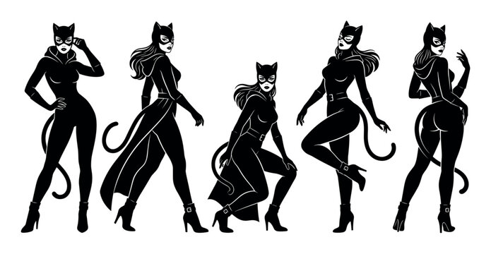 Female cat burglar characters posing in sleek black costumes with masks and cat ears, showcasing their agile and mysterious personas in a graphic vector illustration.