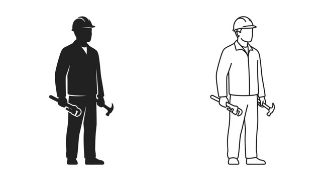 Construction worker silhouette with wrench and hammer on a white background