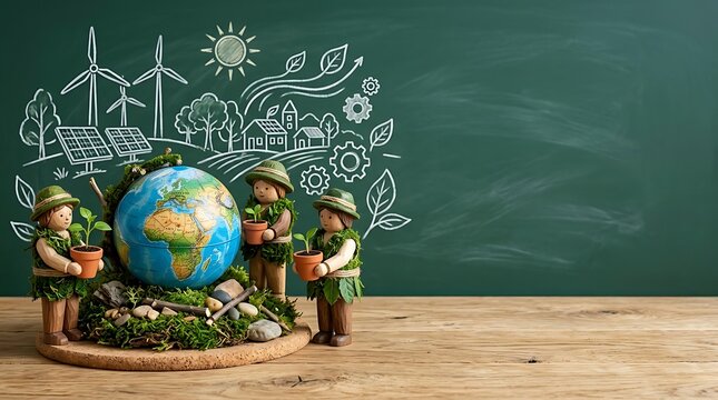Ecofriendly concept with miniature figures holding potted plants in front of a globe and chalk drawings