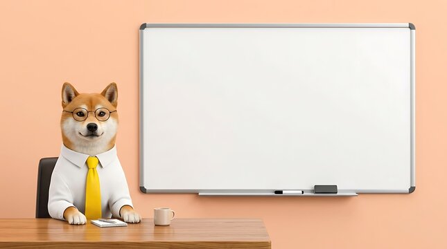 Smart Shiba Inu dog wearing glasses and office clothes sitting at a wooden desk with whiteboard behind it