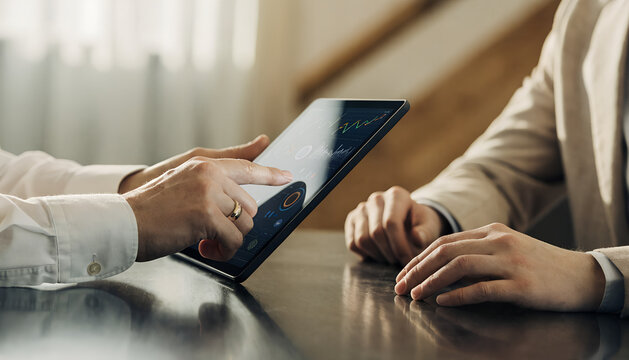 Financial advisor presenting business analytics and market charts on a tablet to a client during a professional consultation, representing investment planning, financial strategy, consulting and data 