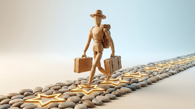 Wooden mannequin traveler walking on a pebble path with glowing star symbols carrying suitcases