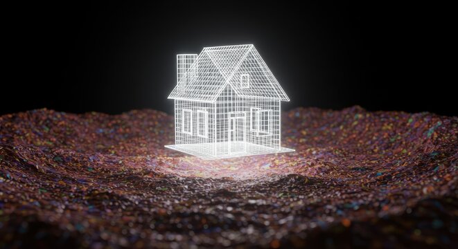 Wireframe house model on glittering surface