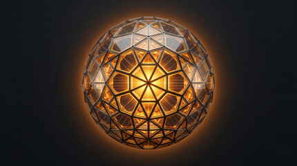Obraz premium futuristic dyson sphere energy core 3d render | glowing geometric glass sphere on black background | intricate gold technology concept | sci-fi fusion reactor core