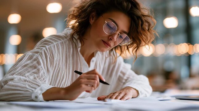 Documents, reading and planning with business woman in office for tax filing, night and budget report. Accounting audit, payroll paperwork and financial review with person for submission deadline