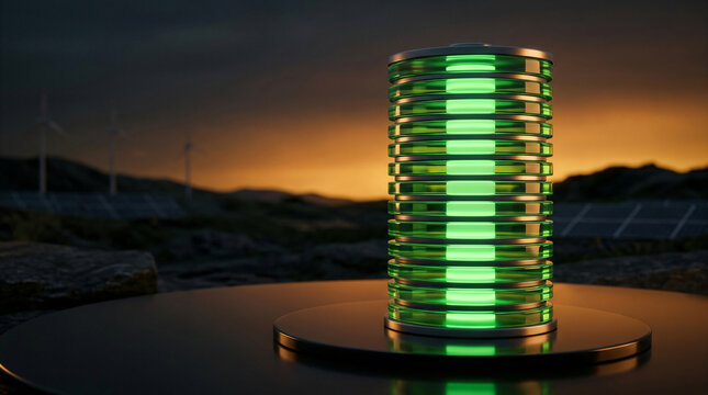 Renewable energy storage technology | Glowing green battery with wind turbines background | Sustainable power grid infrastructure at sunset | Future of clean energy and solar power