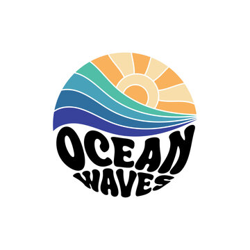 Ocean Waves. Sunshine Paradise Abstract Wave Good Vibes Vintage Print Design Isolated on White Background