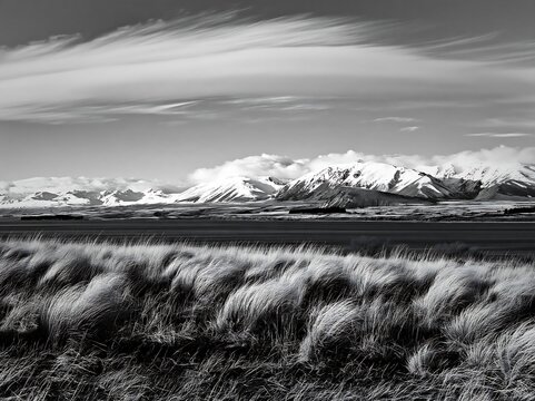 Landscape of Lake Tekapo with snowy alps and grassy meadow