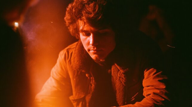 A person sits close to a bonfire at night. The warm glow lights their face as they enjoy the company of friends around a fire.