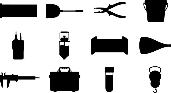 Soil Sampling and Field Geotechnical Testing Equipment Vector Silhouette Icon Set
